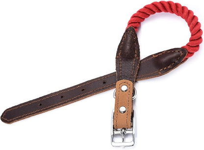 Mile High Life Genuine Leather Dog Collar, Durable Braided Cotton Rope Collar with Metal Pin Buckle for Small Medium Large Dogs (Red, L Neck 17"-21")