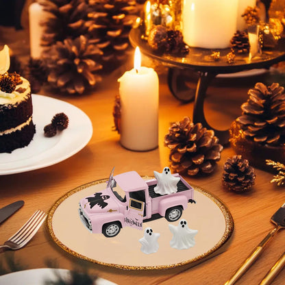 Halloween Decorations - Mini Cute Farmhouse Style Halloween Metal Truck Decor with 3 Removable Mini Ghost Ornaments for Tabletop, Tiered Tray, Shelf, Fireplace and Home Indoor Décor(Halloween-Pink)
