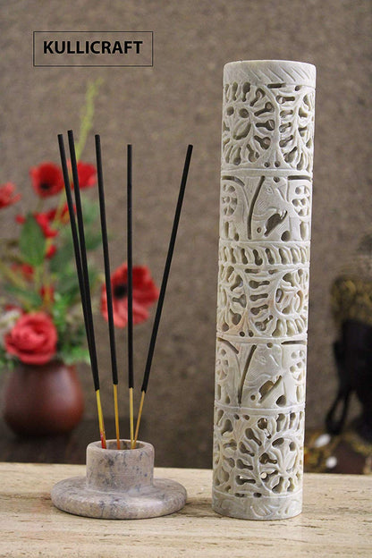 Carry Me Marble Soapstone Incense Stick Holder | Candle Burner | Tea Light Holder - Perfect Handmade Elephant Carving for Gifting. Decorative Home and Office Decor.(3 x 3 x 10.5 Inches)
