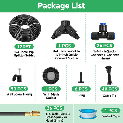 120Ft 1/4" Drip Irrigation System for Garden – 26 Adjustable Copper Nozzles, Automatic Atomizing Sprinkler System for Outdoor Plants Raised Bed, Yard, Potted Plants & Lawn