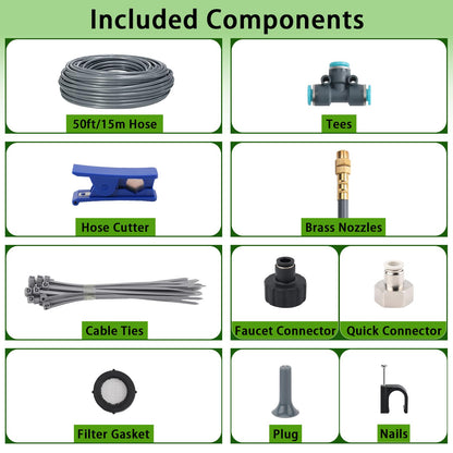 50FT 5/16" Quick-Connect Drip Irrigation System Kit, Automatic Garden Watering System with 15 Pcs Adjustable Spray Nozzles for Garden, Greenhouse, Yard, Lawn
