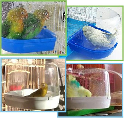 PINVNBY 2Pcs Bird Bath for Cage,Parrot Bathtub for Cage,Hanging Bird Bathing Tub with 2Pcs Water Injector and 2Pcs Feeding Spoon for Canary Budgerigar Lovebird Birds (Blue and Green)