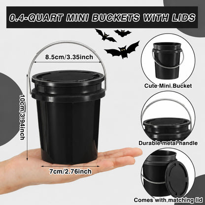 Hushee 6 Pcs Mini Plastic Buckets with Lids, 0.4 Quart Black Buckets for Party Gift Packaging, Candy Holders Easter Halloween Christmas Candy Treat Snacks Holder Birthday Baby Shower Party Supplies