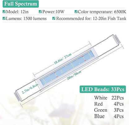 HITOP Full Spectrum LED Aquarium Light – 12” 16” 24” 32” Classic Fish Tank Light with RGB LEDs, with Timer and Stable Extendable Brackets (12-20in)