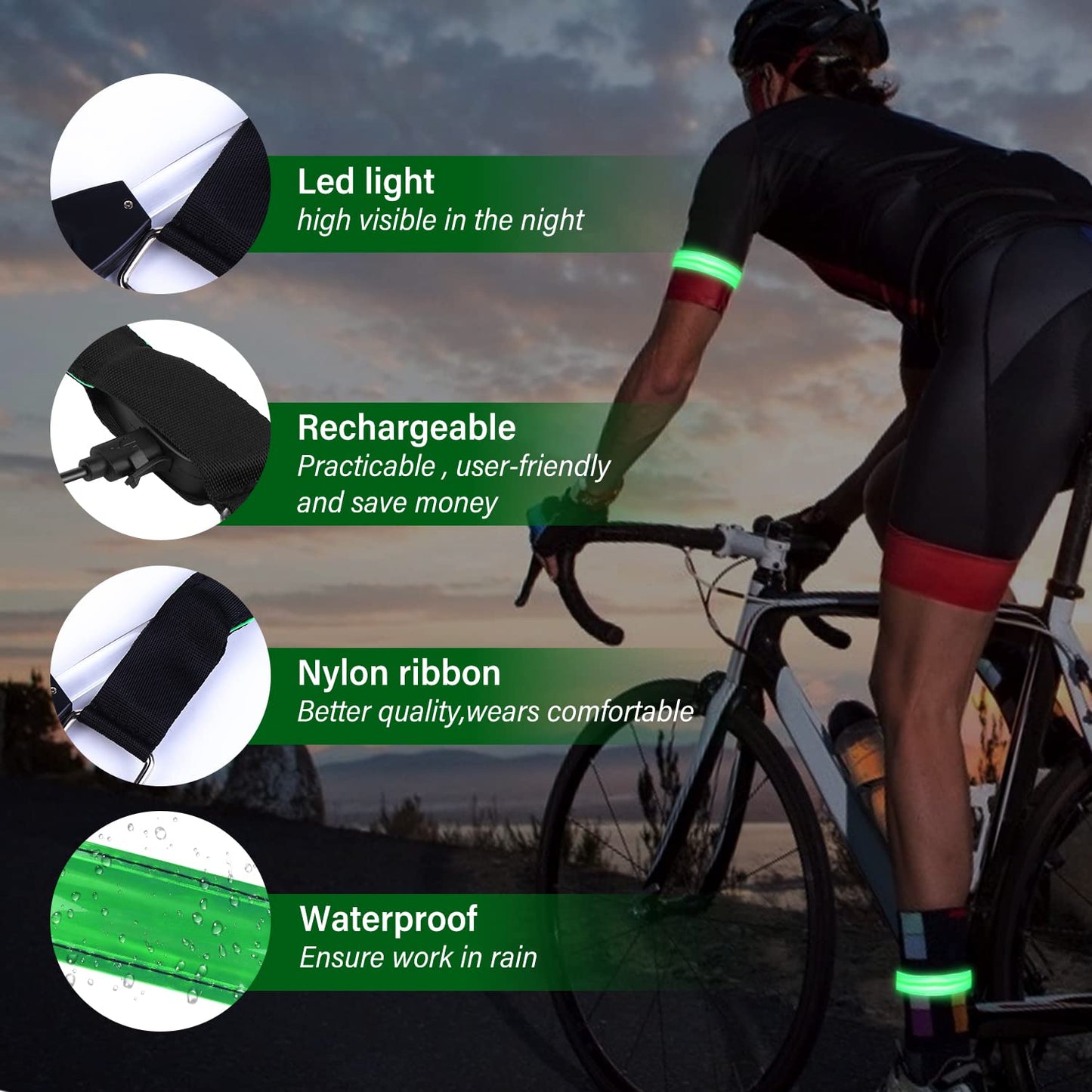 Molbory LED Bracelet USB, Pack of 4 LED Reflective Band Light Bracelet Running Bracelet Light Strip Children's Light Strips Reflective Band Light for Jogging Running Running Sports