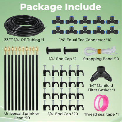 Misting Drip Irrigation System for Garden: 33FT Automatic Kit Part with Sprinkler Mister 1/4" Tubing Hose for Water Raised Bed Plant Outdoor Greenhouse Lawn Flower Potted