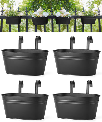Dahey 10.5 Inch Metal Iron Hanging Flower Pots for Railing Fence Hanging Bucket Pots Countryside Style Outdoor Planter Window Flower Plant Holder with Detachable Hooks Home Decor, Black,4 Pcs