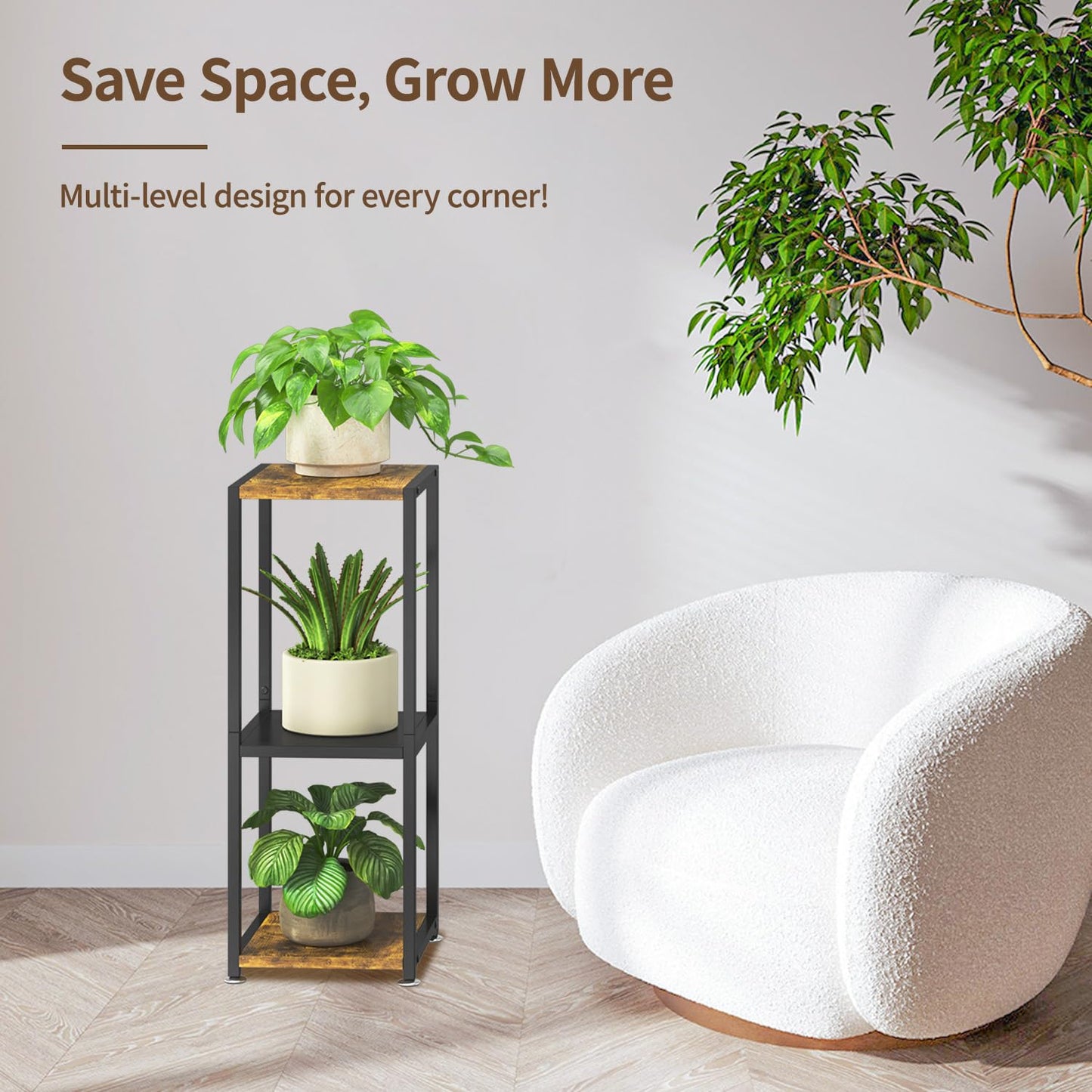 LASZOLA Black 3 Tiered Wood Plant Stand Indoor for Larger Heavy Duty Planter, Sturdy Multi Level Vertical Flowers Racks for Narrow Inside Floor , Decorate Shelving for Hold House Tree, Space Saving