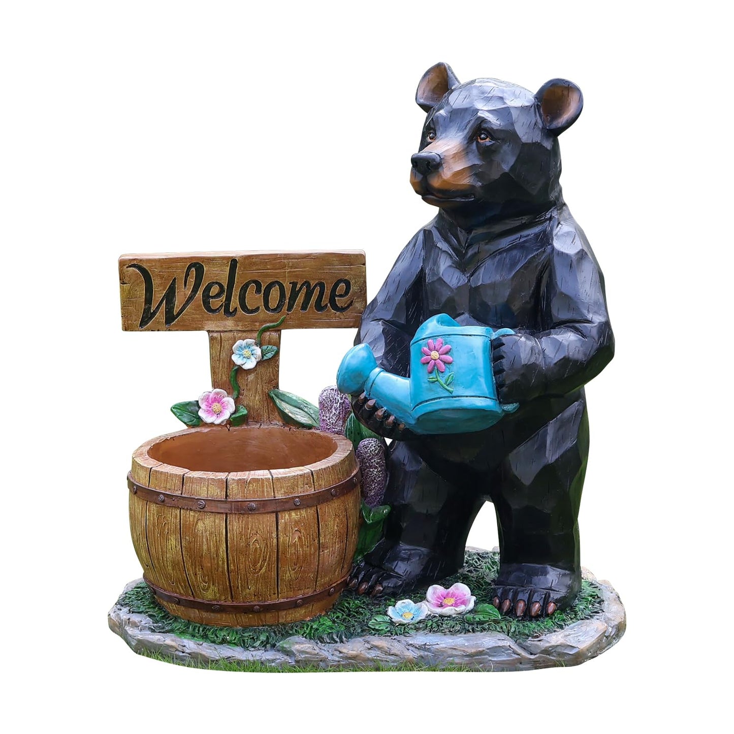 elesculor Black Bear Garden Statue Planter with Welcome Sign & Watering Can, Resin Outdoor Flower Pot, Decorative Animal Planter for Patio, Yard, Lawn, Cabin Decor