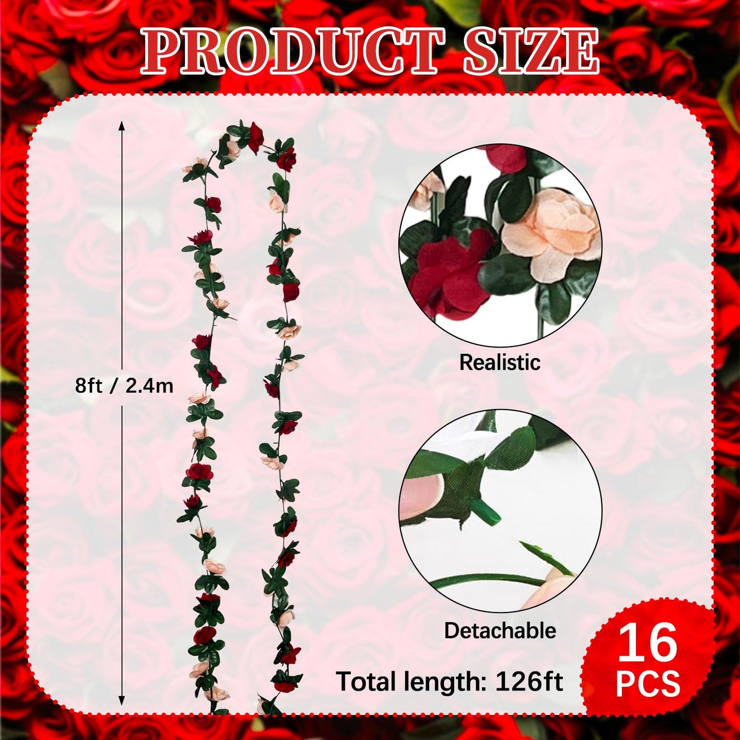 16Pcs 126Ft Burgundy&Champagne Rose Garland, Fake Rose Hanging Flowers, Artificial Flower Vine, Hanging Floral Vine Garland for Wedding, Wall Arch, Halloween, Christmas Garden Backdrop Decor