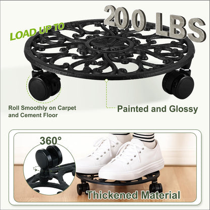 2 Packs 11 Inch Rolling Plant Stand with Wheels Wrought Iron Rolling Plant Stand with Casters Heavy Duty for Indoor Plants Rollers Potted Plant Mover, Metal Round Plant Dolly