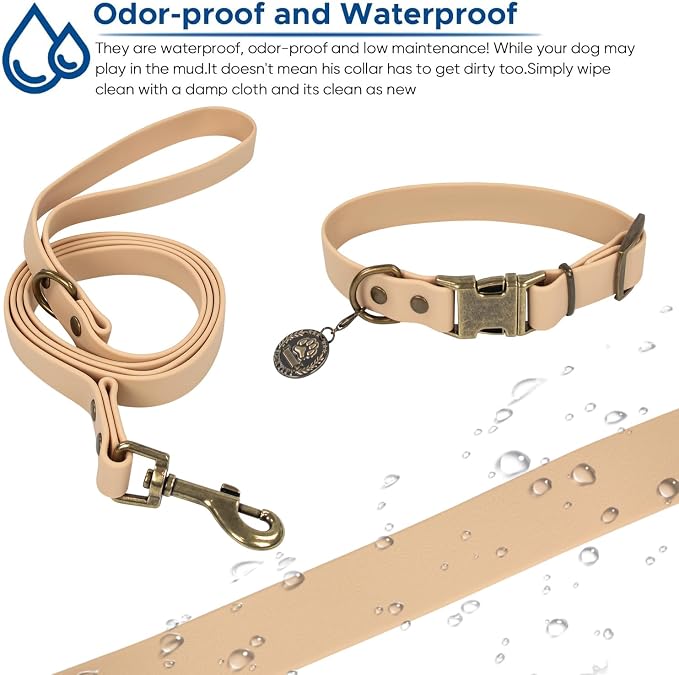 Wisedog Waterproof Dog Collar and Leash Set, S, Sand Color | Adjustable Puppy Collar, Cute Tag, 4FT Dog Leash, Includes Poop Bag, For Small Medium Large Dogs