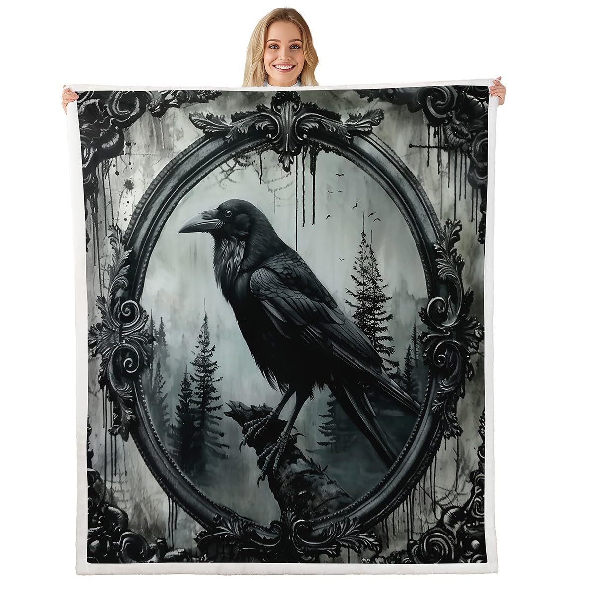 Erosebridal Halloween Crow Fuzzy Plush Throw Black Raven Bird Animal Fleece Blanket Gothic Retro Halloween Sherpa Blanket Woodland Wildlife Crow Decor Throw 50"X60" for Kids Teen Adults Bed Couch