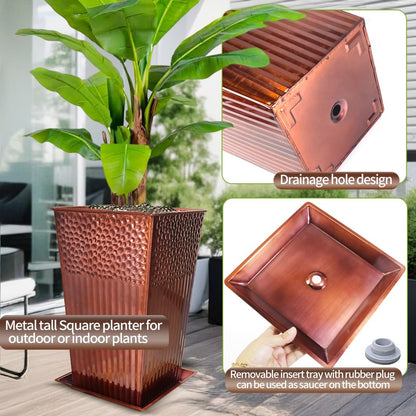 Megawodar 2 Pcs Pack Metal Tall Tapered Planter Pots Steel Large Square Planter Flower Pot with Drainage Holes for Indoor Outdoor Deck Porch Garden Home Patio Front Door (Glossy Copper, 28" H.)