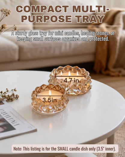 Loyipu Small Geometric 4in Glass Candle Holder – Crystal Tealight Dish & Mini Candle Tray for Small Scented Candles, Votives & Aroma Stones(Honey Amber-4in)
