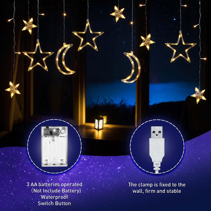 Riakrum 11.48 ft LED Star and Moon String Lights, Warm White, USB Powered, Waterproof, Model Riakrum-String Lights-073