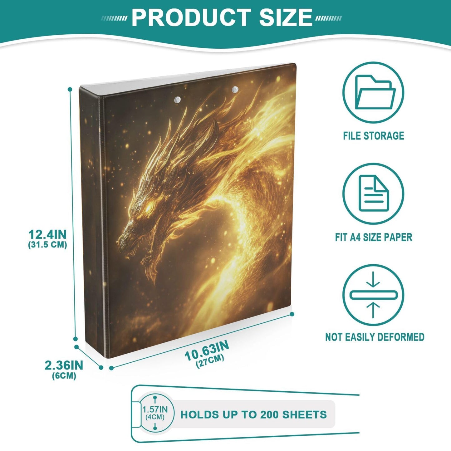 Dinosaur Round Ring Binders 1.5 Evil Gold Legend Dragon 3 Ring Clipboard Binder for Office School Work Supplies File Folder 200 Sheet Capacity Easy Open