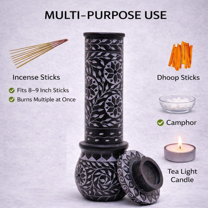 KC KULLICRAFT Marble Soapstone Blue Incense Stick Holder | Candle Burner | Tea Light Holder - Round Incense Holder Decorative Home and Office Decor - (3 x 3 x 10 Inches)