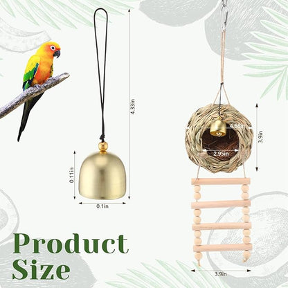 Briwooody Hanging Bird Nest for Cage with Ladder Bell Natural Coir Fiber, Grass Hand Woven Hummingbird Finch House for Outside Breeding Nest Parakeet Bed for Budgie Canary Parrot Patio Lawn Garden