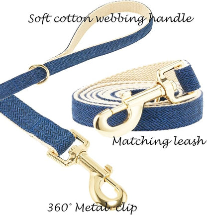 Luxury Soft Cotton Tweed Fabric Dog Collar & Leash Set with Gold Buckle – Durable Fabric, Stylish Design for Everyday Walks(Medium Navy)