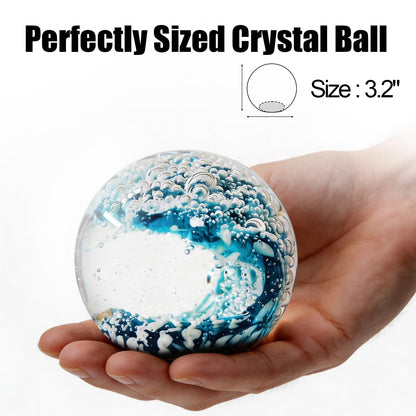 KWASVLYA Hand Blown Ocean Wave Crystal Ball Blue Crystal Art Decorative Sphere Paperweight for Desk Decor, Stress Relief Gift for Ocean Lovers & Women