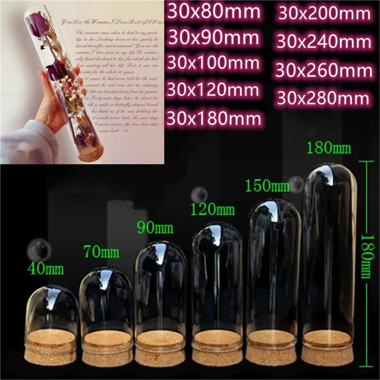 10X Da30mm Glass Bottle Terrarium Jar Cork Base Dome Dust Cover DIY Specimen Succulent Plant Micro Landscape Flower Vase Display(30x40cm)