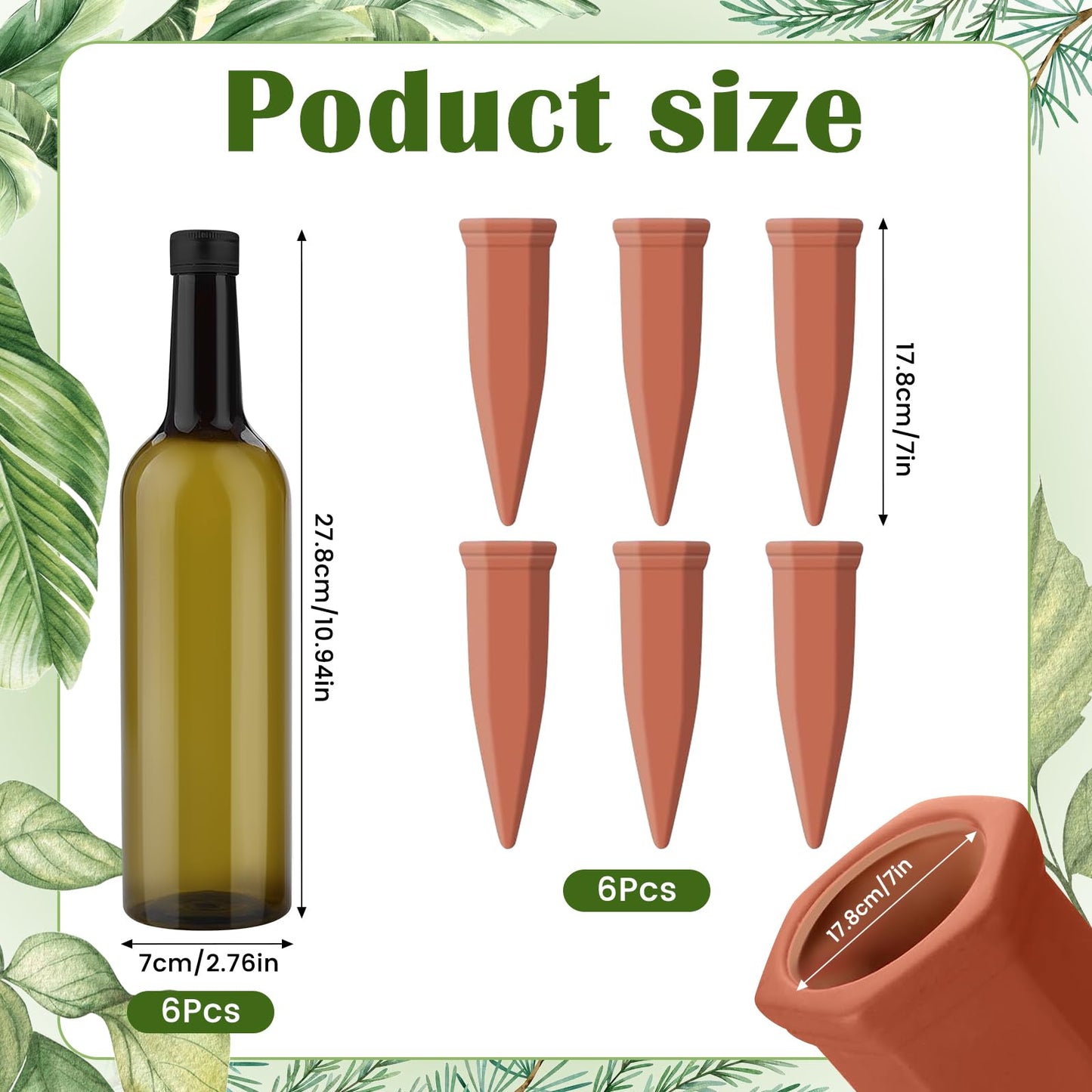 SHENGYIWA 12 Pcs Self Watering Spikes for Plants Terracotta Automatic Plant Waterer Stakes with(25.5 Oz) Plastic PET Bottles, 6 Set Self Watering Globes Keep Plants Watered for 7-9 Days (6, Green)