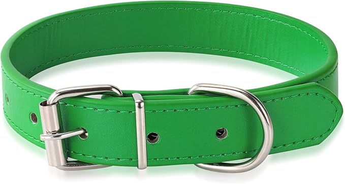 Green Soft Leather Dog Collar for Small,Medium, Large Dog, Comfortable and Adjustable (Wide: 0.75'' for Dog's Neck: 10''~14'', Green, M)