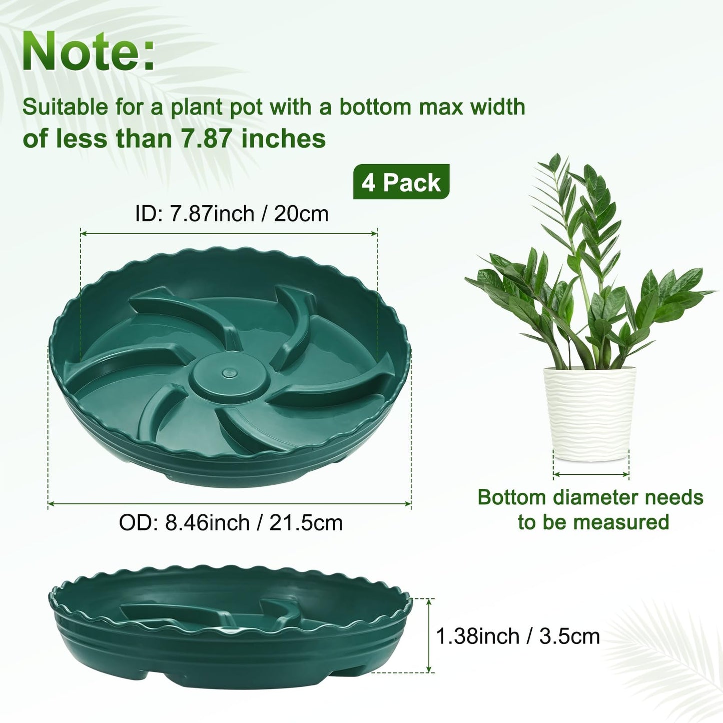 M METERXITY 4-Pack Plant Saucer, 7.9 Inch/20 cm Plastic Plant Trays Thicker for Pots/Indoor/Outdoor/Water Drainage and Protection, Flowerpot Drip Tray [Green]