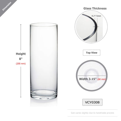 WGVI Quality Thick Clear Cylinder Glass Vases, 3" W x 8" H, Bud Vase Skinny Narrow Floral Bouquet Flower Container for Wedding Centerpieces Tabletop Home Accent Décor Brush Pen Holder, 1 Piece