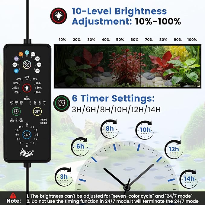 AQQA Full Spectrum Aquarium Plant Light LED Fish Tank Light IP68 Waterproof with 24/7 Natural Mode & DIY RGBW Mode, 9 Colors & 10-Level Brightness Adjustable, 6 Timer Settings for 40"-48" Tank (36W)