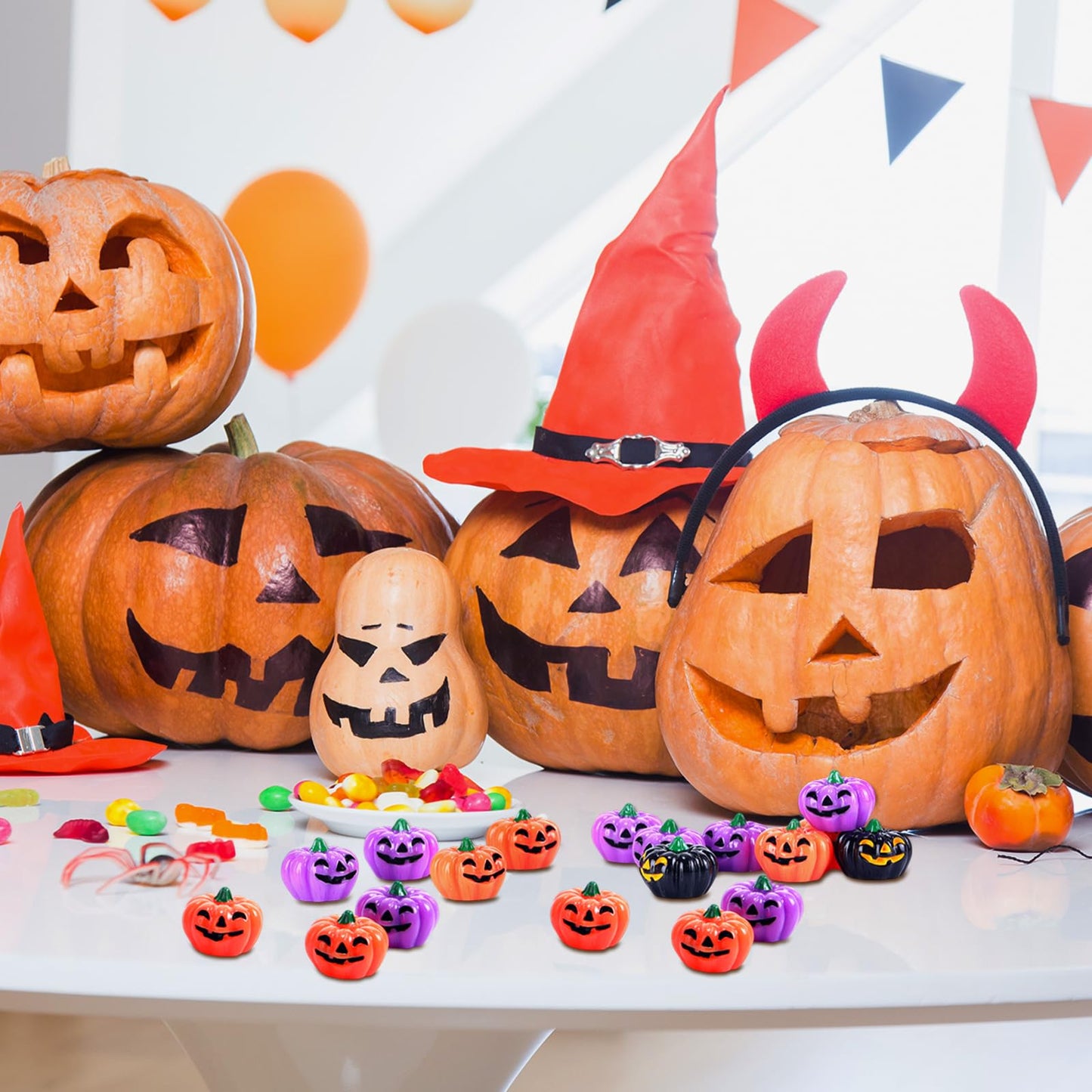 Yalikop 60 Pcs Mini Resin Pumpkin Halloween Miniature Grimace Pumpkin Tiny Vegetable Decor for Halloween Thanksgiving Fall Harvest Festival Party DIY Craft Home Table Decor(Orange, Purple and Black)