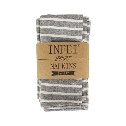 INFEI Broad Striped Cotton Blended Dinner Cloth Napkins - Set of 12 (40 x 30 cm) - for Events & Home Use (Black)