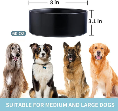 Black Raised/Elevated Ceramic Dog Bowl for Medium Large Sized Breeds,Large Dog Food Water Bowl with Stand,8 in Non Slip Heavy Weighted 1800ml/ 7.6 Cups/60 OZ