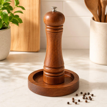 LOGOFUN Acacia Wood Spice Grinder Tray with Round Base Manual Salt Pepper Mill Holder for Kitchen Bottle Storage Home Supplies - 7.5X7.5X1.2cm/2.95X2.95X0.5in