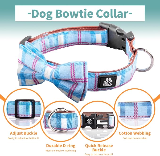 IVY&LANE Dog Collar with Bowtie and Leash Set | Plaid Adjustable Dog Collar | Detachable Bow Tie |5 FT Dog Leash | for Small Medium Large Dogs | Checkered Blue | Large
