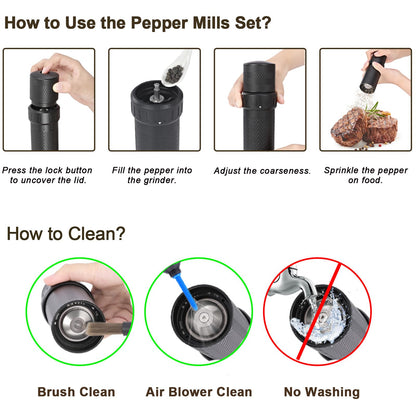 Heavy Duty Manual Pepper Grinder Mill - 10X Fast Grind & External 12-Level Coarseness Adjuster, Aerospace Aluminum with Steel Burr for Kitchen, BBQ and Restaurant