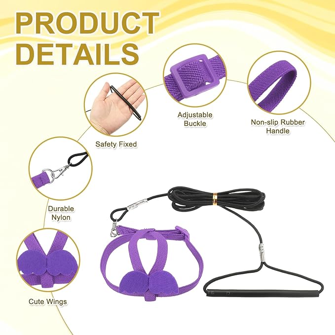 Bird Harness Leash, Adjustable Pet Parrot Bird Harness and Leash Lightweight Anti-Bite Flight Training Rope with Cute Wing, (Purple, XS), Intended for Parrots/Pigeons/Budgies