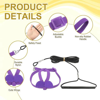 Bird Harness Leash, Adjustable Pet Parrot Bird Harness and Leash Lightweight Anti-Bite Flight Training Rope with Cute Wing, (Purple, XS), Intended for Parrots/Pigeons/Budgies