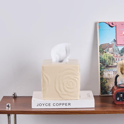 Beige Ceramic Cube Tissue Box Cover with Rose – Large Elegant Rose Floral Square Decorative Tissue Box Holder for Bathroom, Bedroom, Office Desk, Kitchen Counter – Perfect Housewarming Gift