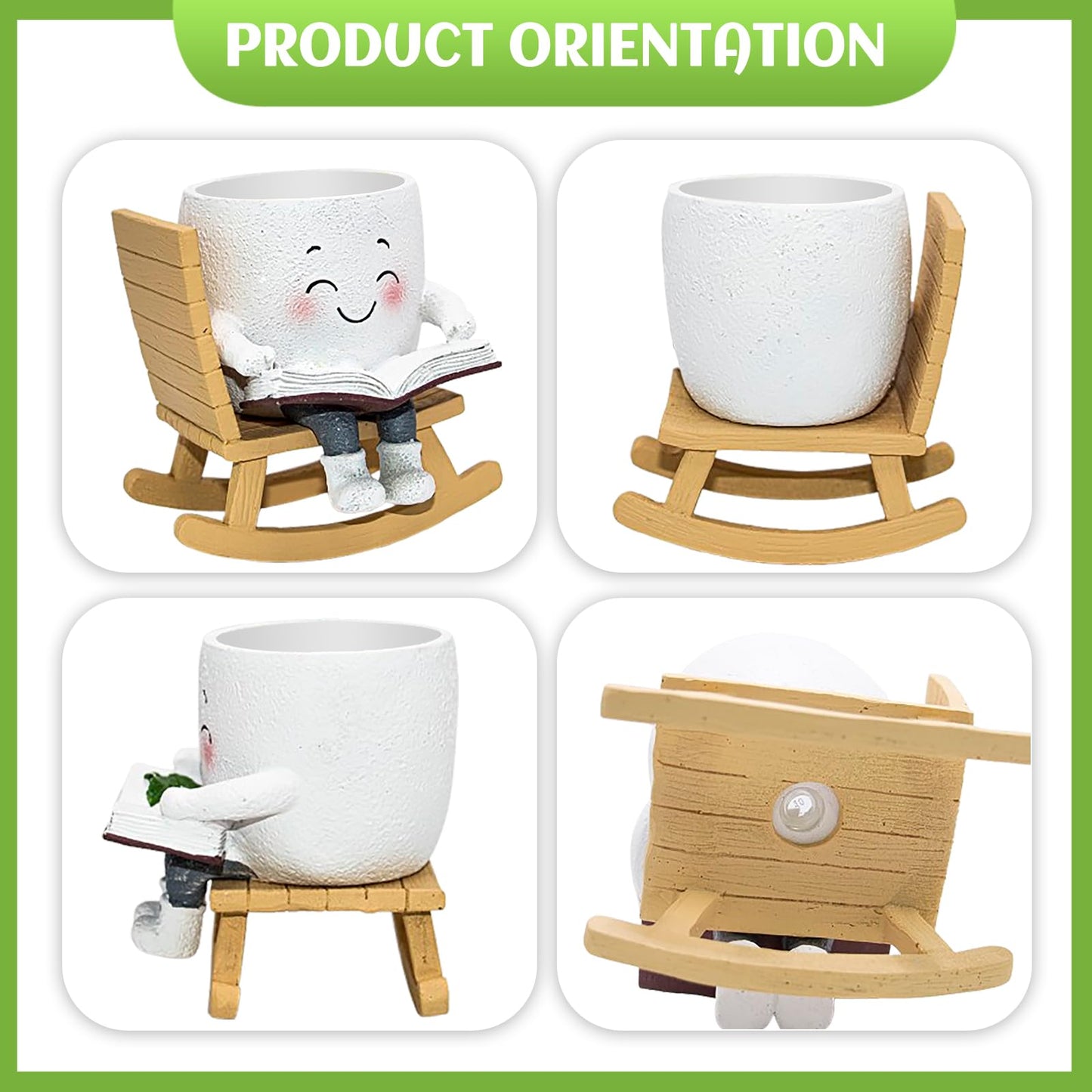 Toparad Smily Face Rocking Chair Reading Book Planter Pots, Cute Resin Flower Head Succulent Planters for Indoor Plants, Gift IdeaI for Mother Christmas Birthday with Drainage Hole