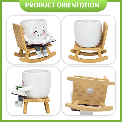 Toparad Smily Face Rocking Chair Reading Book Planter Pots, Cute Resin Flower Head Succulent Planters for Indoor Plants, Gift IdeaI for Mother Christmas Birthday with Drainage Hole
