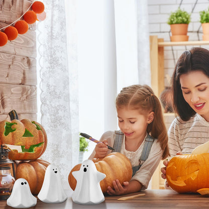 Domensi 9 Pcs Halloween Ceramic Ghost Figurines with LED Lights, Large 5.12 White Spooky Ghost Sculpture Statue Cute Halloween Miniatures for Gifts Centerpiece Table Mantel Collections Decorations