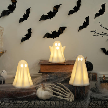 Light Up Ghost Halloween Decor - 3 Pack Ceramic White Ghost Figurines - Indoor, Table, Tray