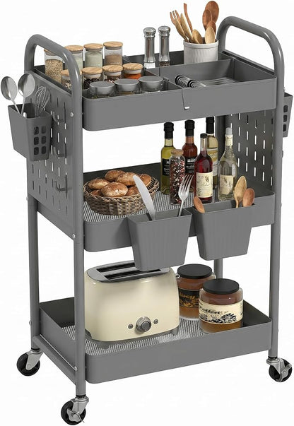 danpinera 3 Tier Rolling Cart with Retractable Dividers, Multi-Functional White Rolling Utility Cart with Pegboards, Hooks & Hanging Cups for Nursery, Living Room, Studio