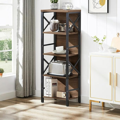 MNEETRUNG Small Bookshelf,5 Tier Industrial Bookshelf with Metal Frame and Backboard,Narrow Rustic Brown Book Shelf,Book case for Small Spaces,Living Room,Bedroom and Home Office