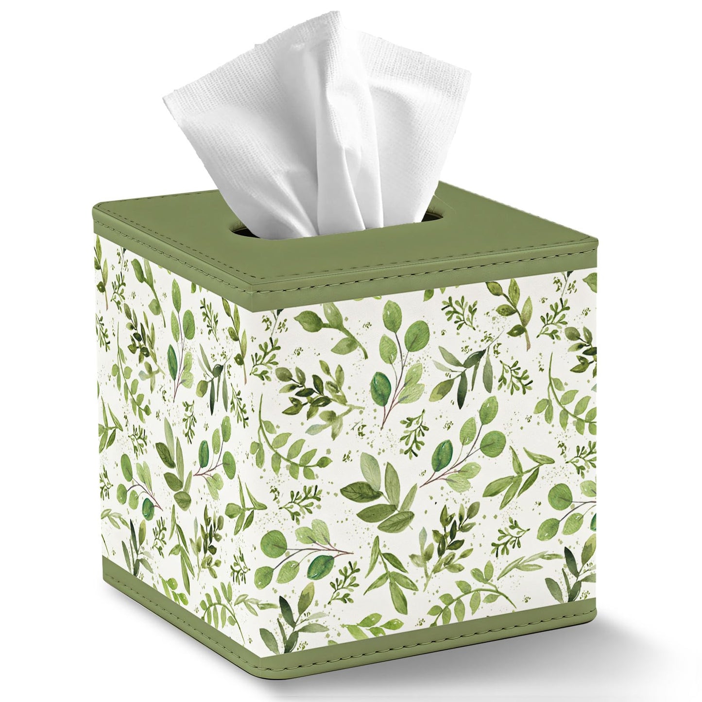 JarThenaAMCS Spring Greenery Tissue Box Cover with Magnetic Closure PU Leather Tissue Holder Green Leaves Square Napkin Box for Home Office Bedroom Countertop Decor