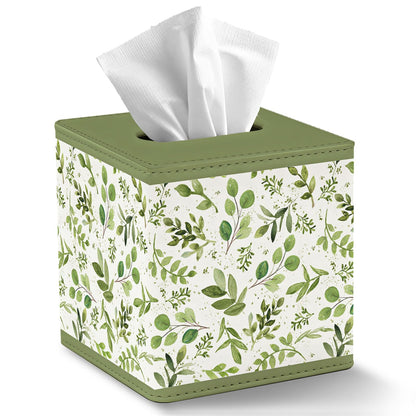 JarThenaAMCS Spring Greenery Tissue Box Cover with Magnetic Closure PU Leather Tissue Holder Green Leaves Square Napkin Box for Home Office Bedroom Countertop Decor
