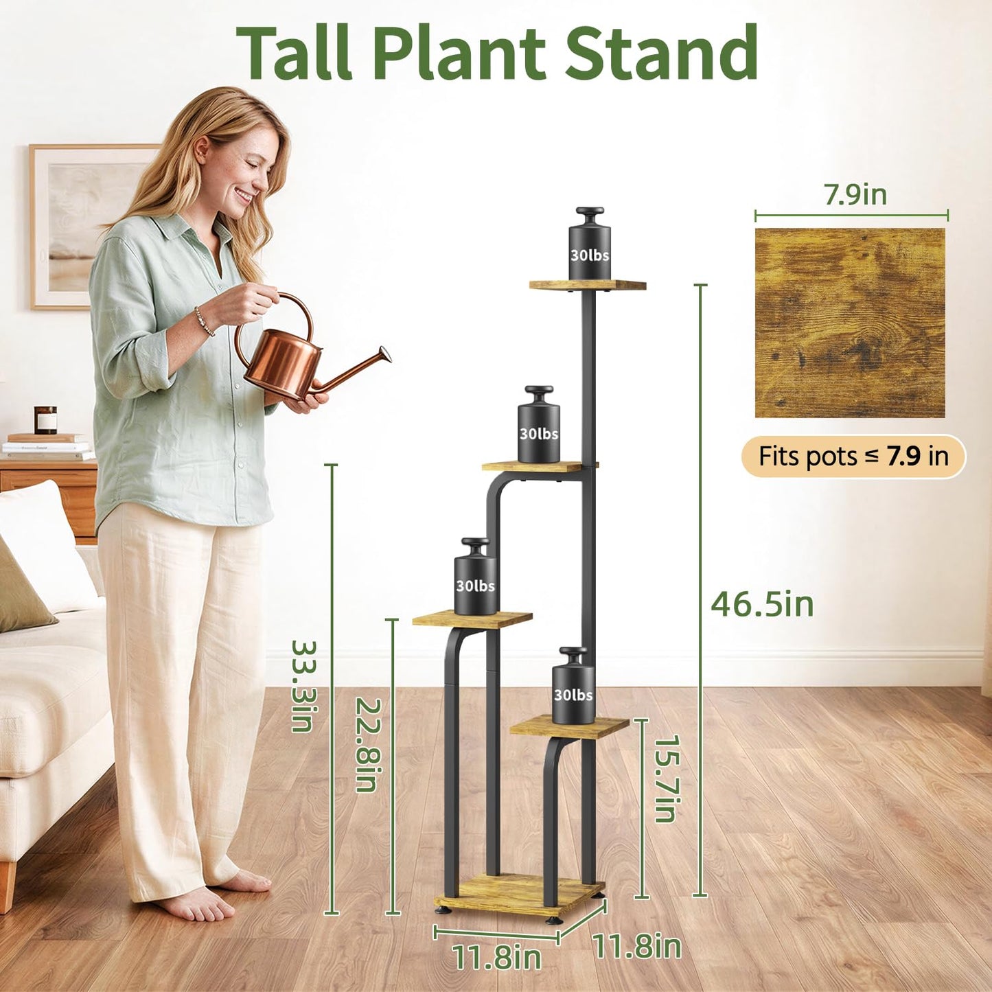 LASZOLA 5 Tiered Plant Stand Tall for Indoor Corner, Modern Multiple Flower Display Rack with Wooden Tray, Vertical Planter Shelf for Living Room Bedroom Patio Garden Balcony, Black