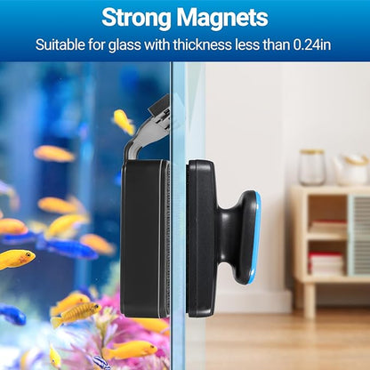 Yaubay Aquarium Magnet Glass Cleaner, Magnetic Fish Tank Cleaner with Algae Scraper, Double Sided Cleaning Scrubber Brush with Handle, Titanium Blade, Self-Floating, Fit Max 1/4" Thick Glass, Medium